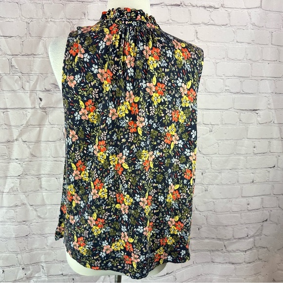 ann taylor LOFT floral Sleeveless Blouse ruffled Mandarin Collar 1/2 button sz L - Picture 3 of 7